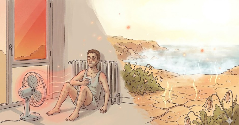An exhausted man struggling during an intense heatwave