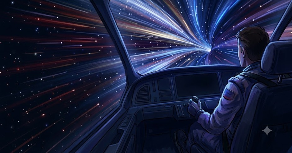Sky seems to be bending and collapsing into a glowing tunnel in front of you at the speed of light