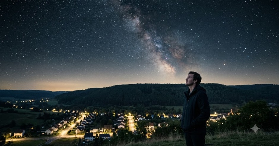 Stargazing observer reflects deeply on fragile cosmic balance
