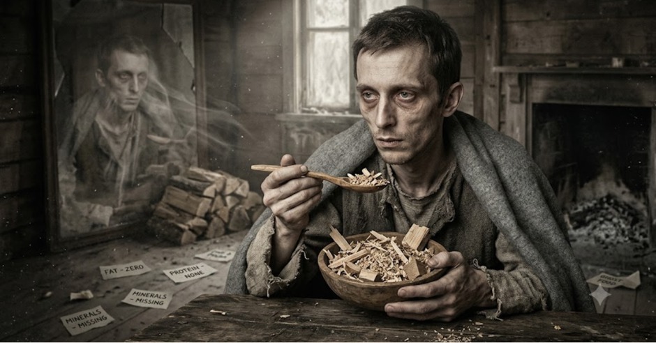 Starving man eating wooden chips