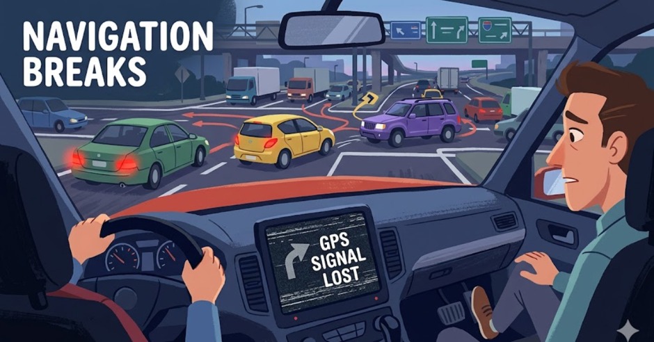 Traffic confusion follows lost GPS signal screen