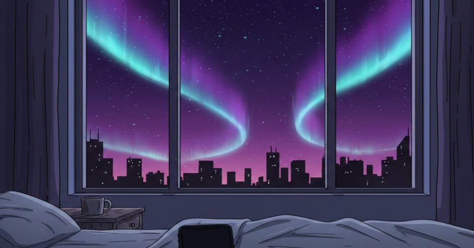 Vibrant aurora glowing above dark city skyline