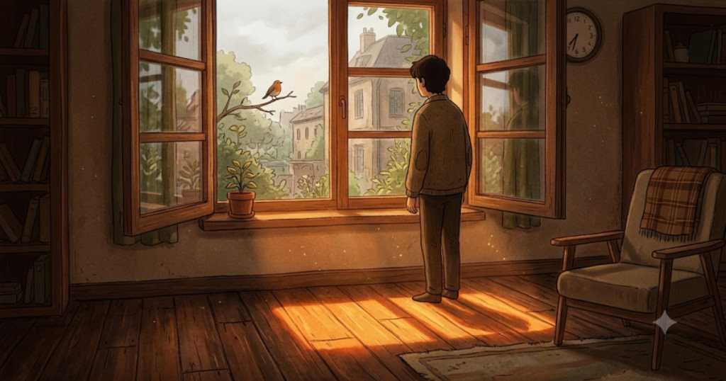 Warm amber light streaming through the open window