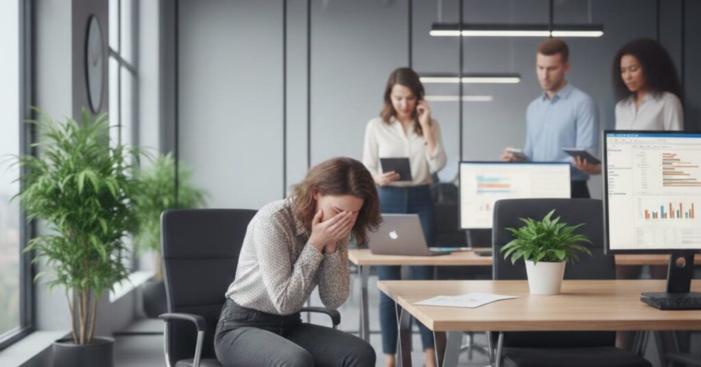 Woman experiencing a panic attack in an office