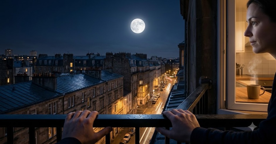 A woman looking at the full Moon from a city balcony