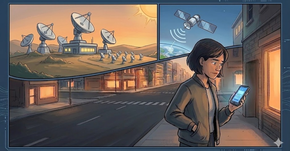 Woman looking at phone near satellite array