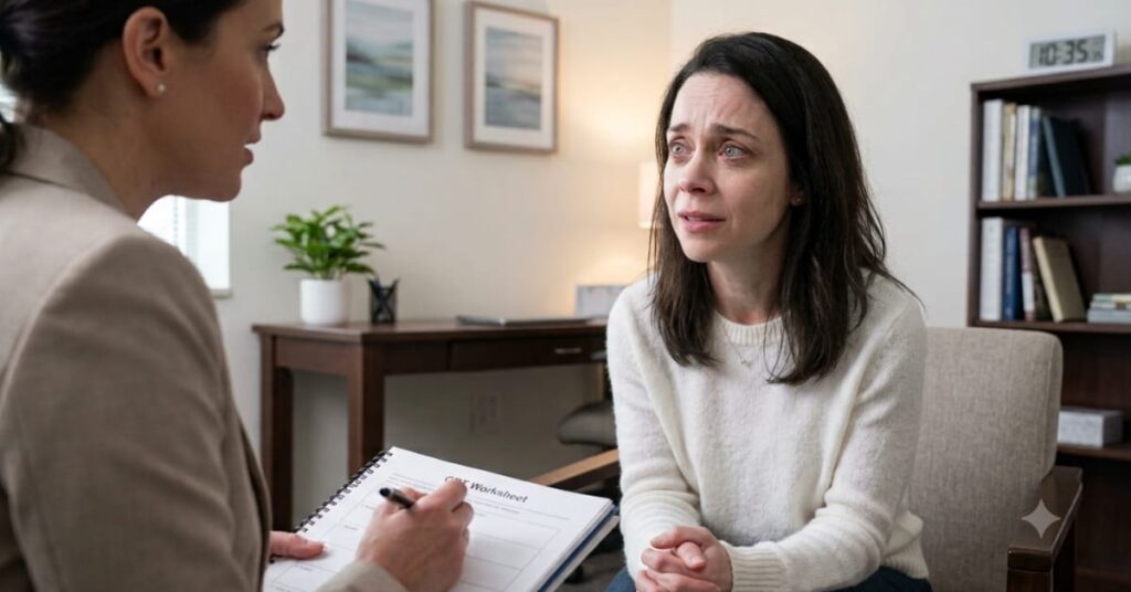 Woman receiving cognitive behavioral therapy for panic attacks
