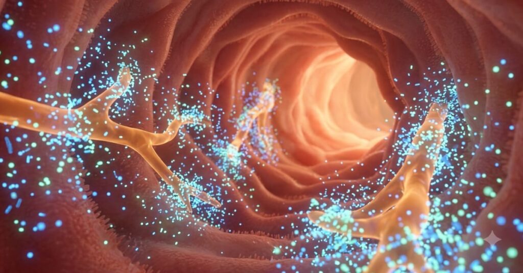 Healthy gut bacteria fermenting fiber and producing intestinal gas