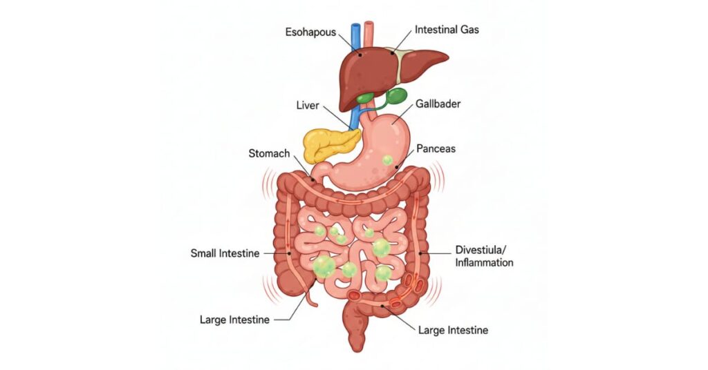 Inflamed digestive system with trapped gas bubbles in the gut