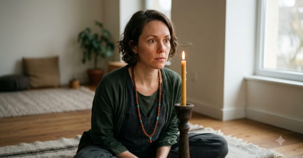 Woman focusing on a candle during Trataka meditation