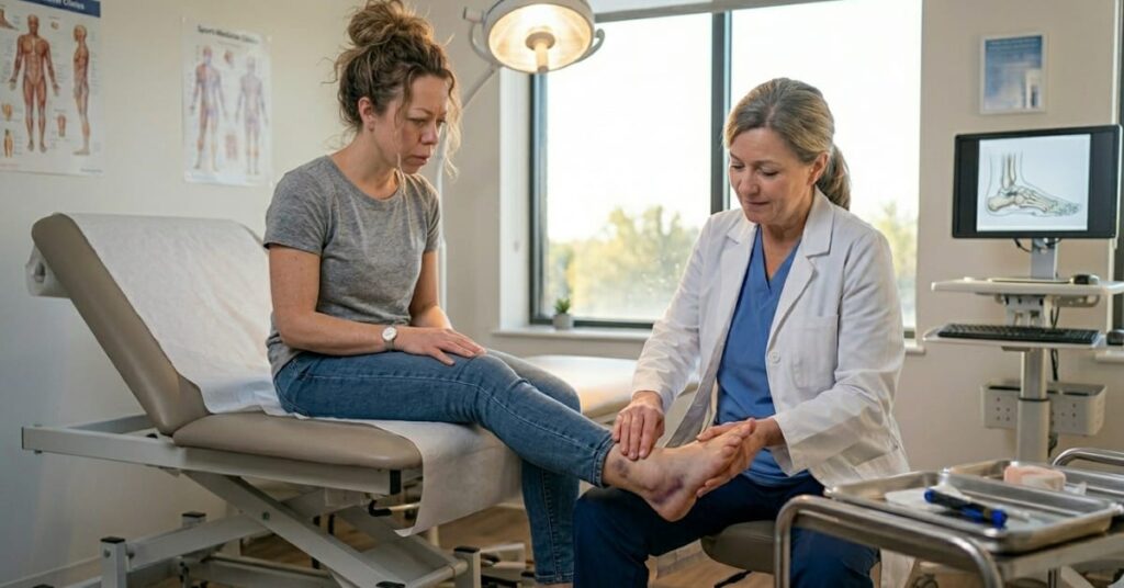 A woman at a hospital while a doctor checks an unexplained bruise
