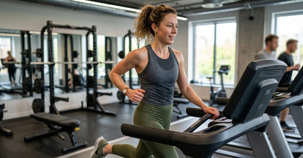 A woman enjoying a pain-free run on a treadmill