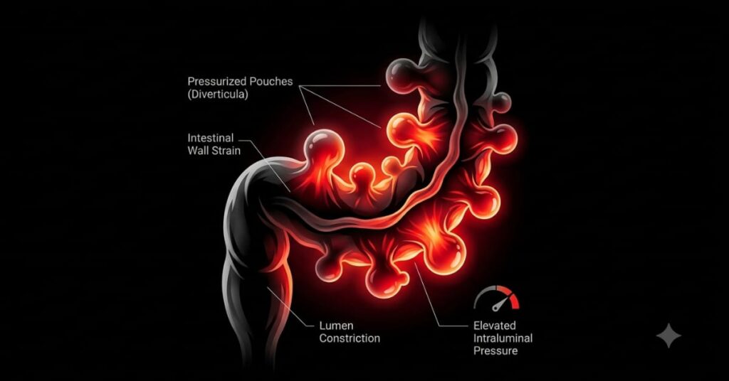 Close-up of intestine showing diverticula pouches from trapped gas buildup