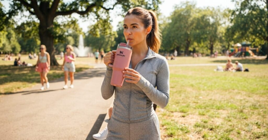 A girl hydrating while walking in the heat to support body cooling