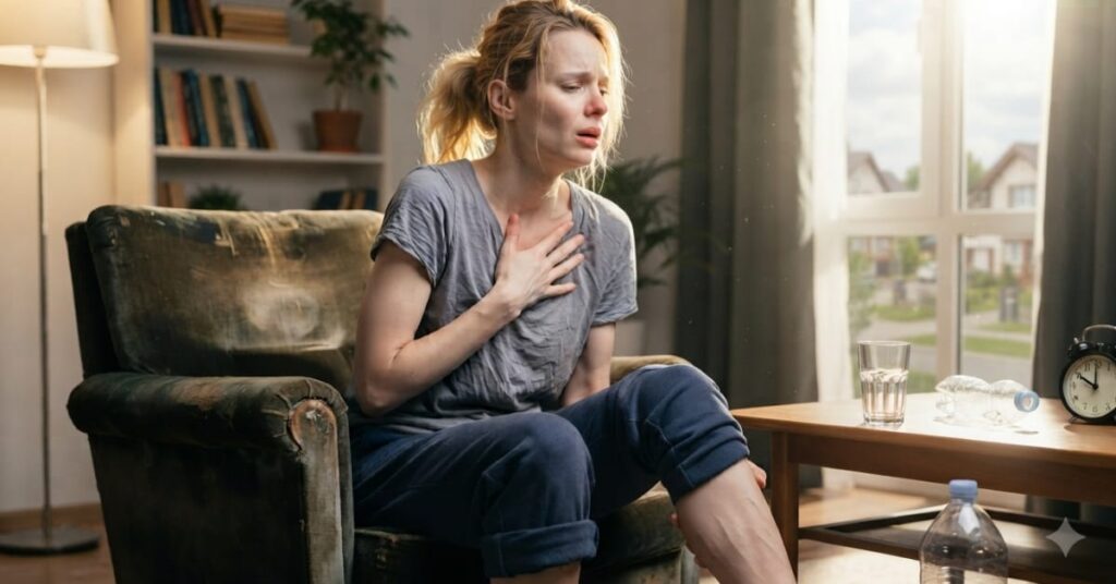 Dehydrated girl struggling to breathe while experiencing severe muscle cramps