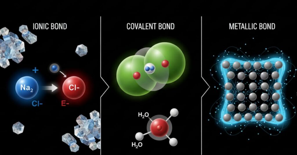 Illustration of ionic, covalent, and metallic chemical bonds for easy comparison