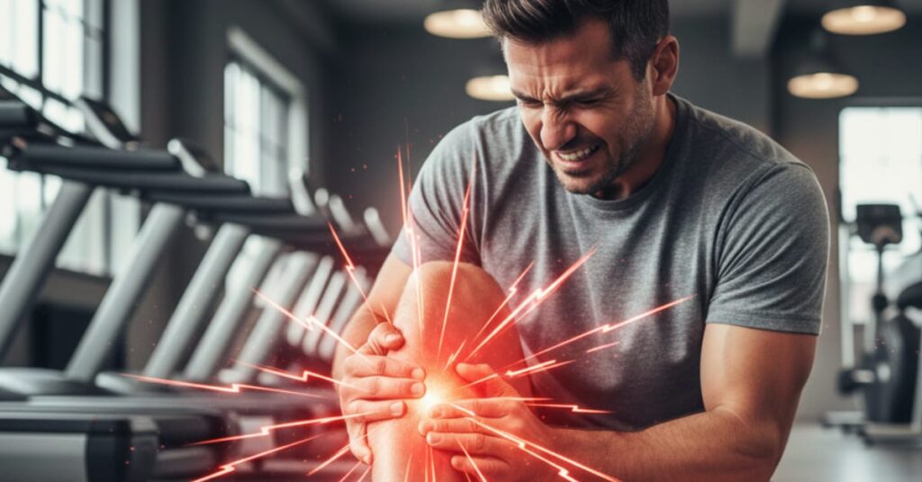 A man experiencing leg pain during a gym workout