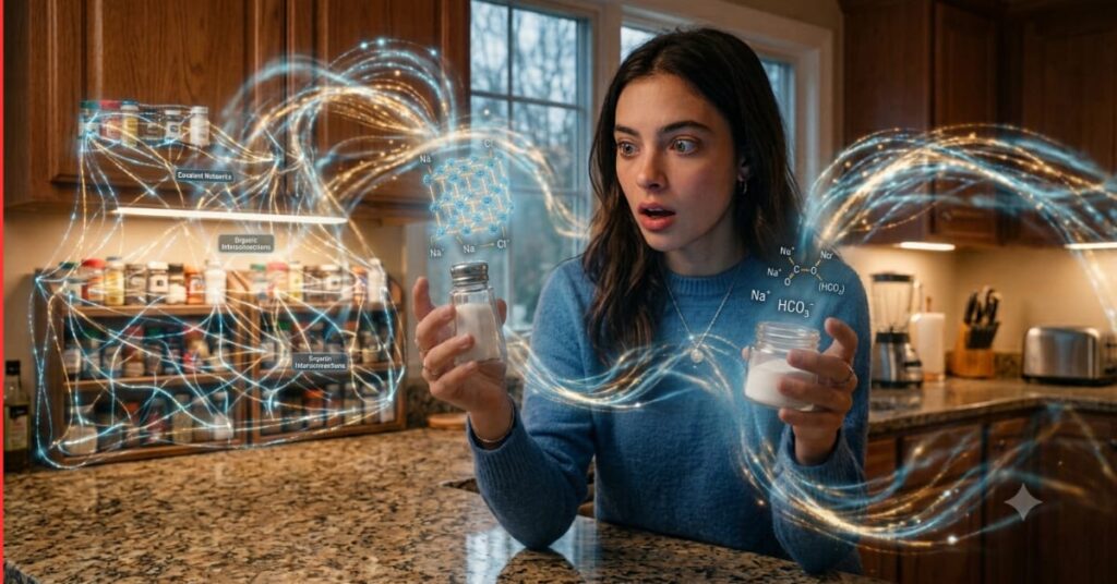 Girl amazed by glowing ionic bonds in table salt and baking soda