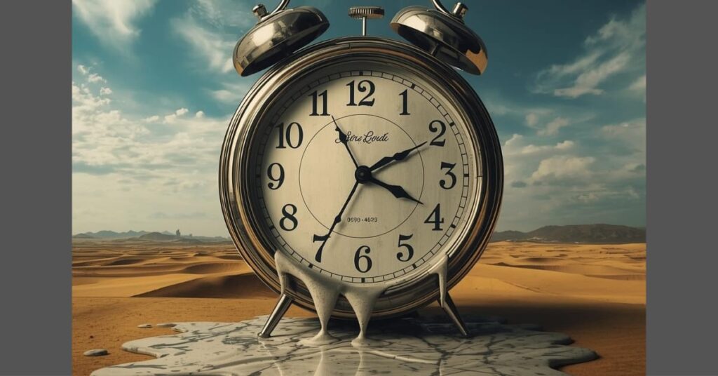 A surreal melting clock symbolizing time blindness and distorted time perception in the human brain under stress