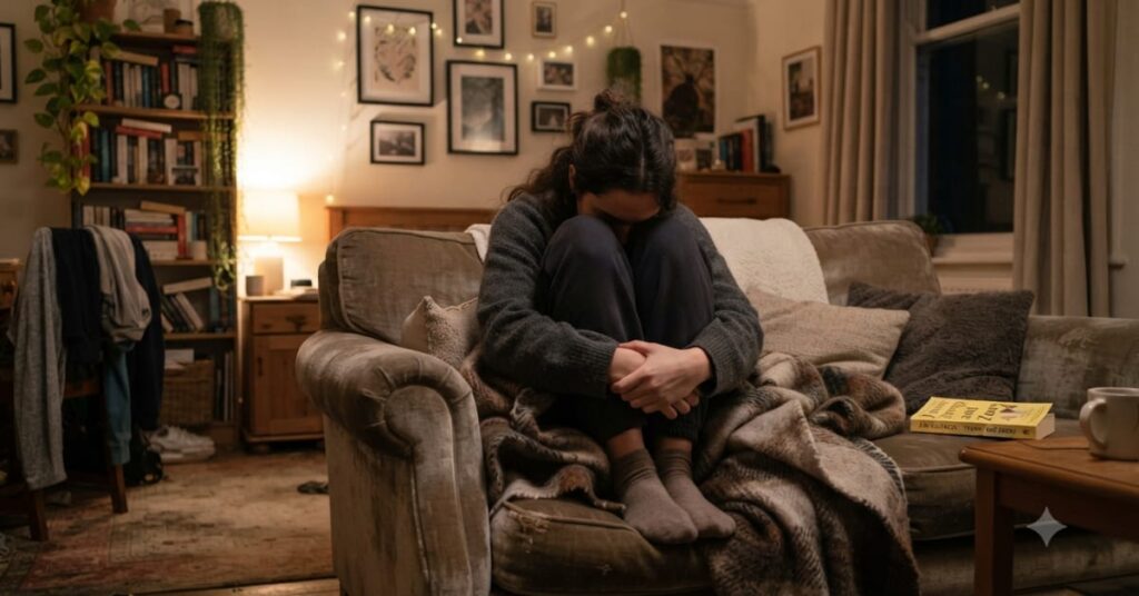 Woman alone in her bedroom avoiding social interaction