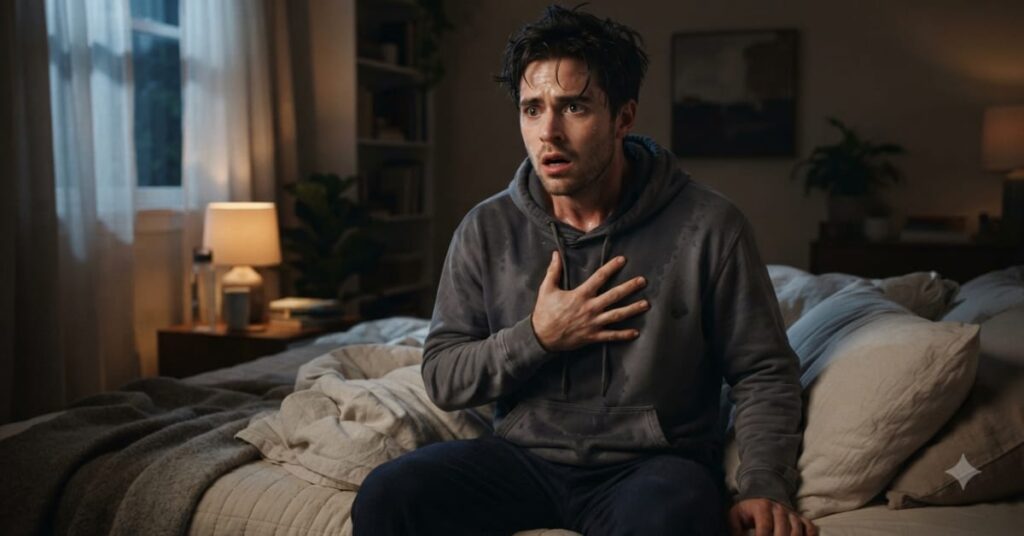 Man holding his chest as his heart beats rapidly