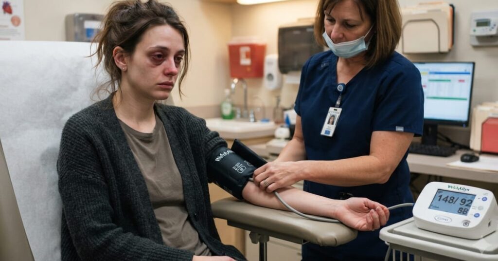 Woman having her blood pressure measured after poor sleep