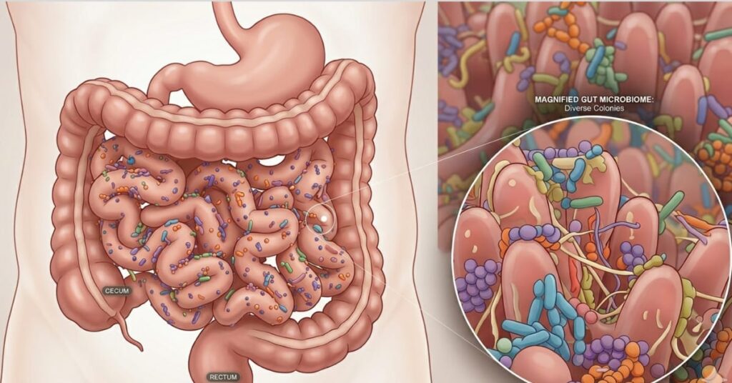 Gut microbiome containing trillions of beneficial bacteria supporting digestion