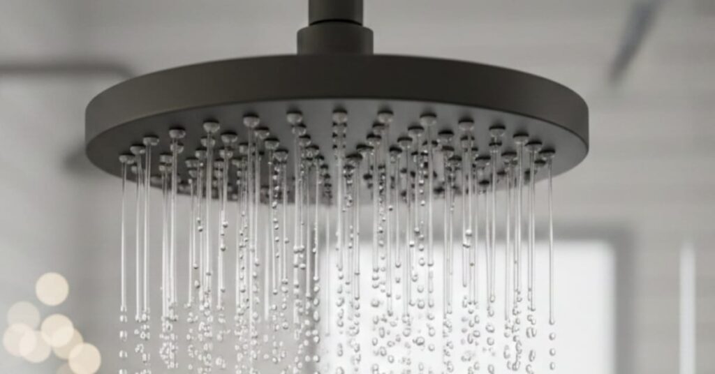 Shower head with flowing water highlighting the importance of regular showering