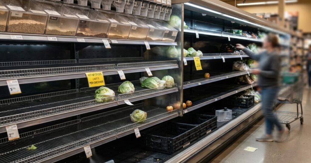 Grocery store with empty fruit and vegetable shelves after all bacteria disappear