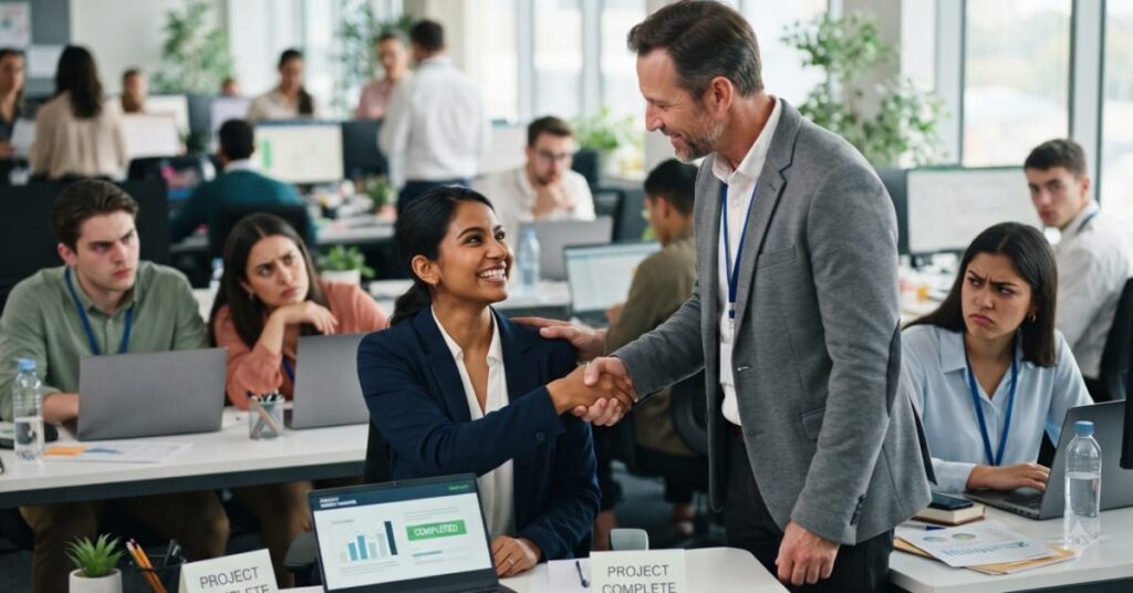 Manager praising an energetic employee for excellent work