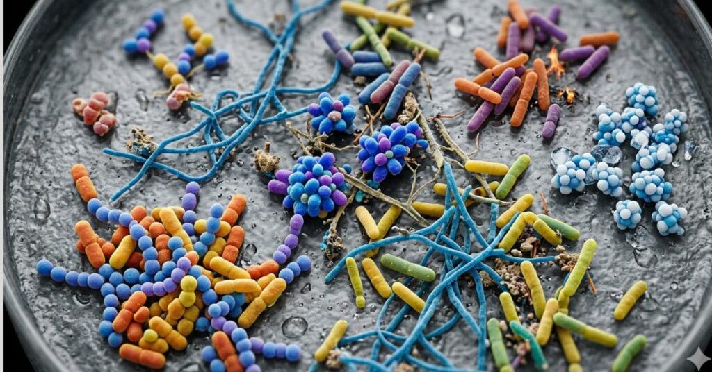 Microscopic view of different bacteria shapes and types in the gut