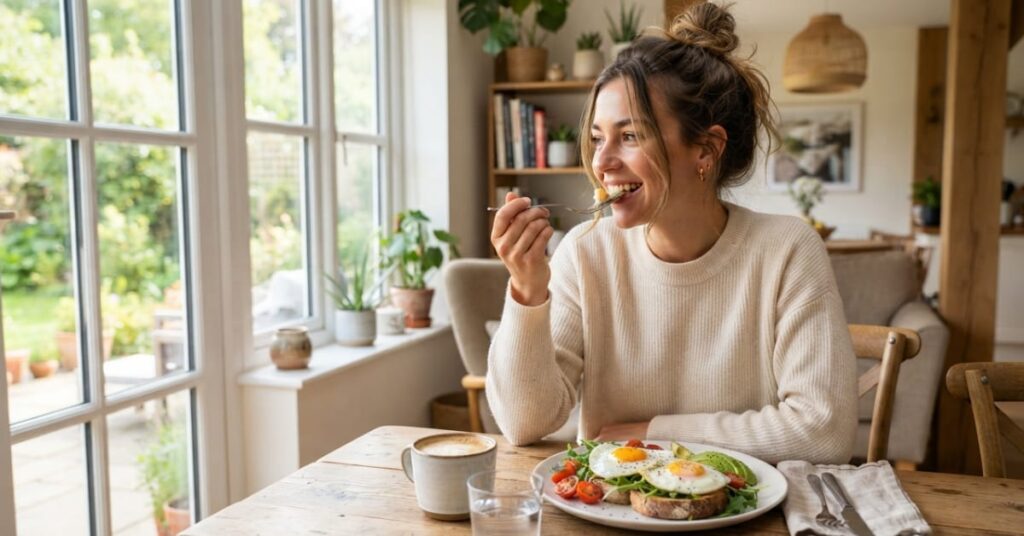 A girl struggling to digest breakfast after all gut bacteria disappear