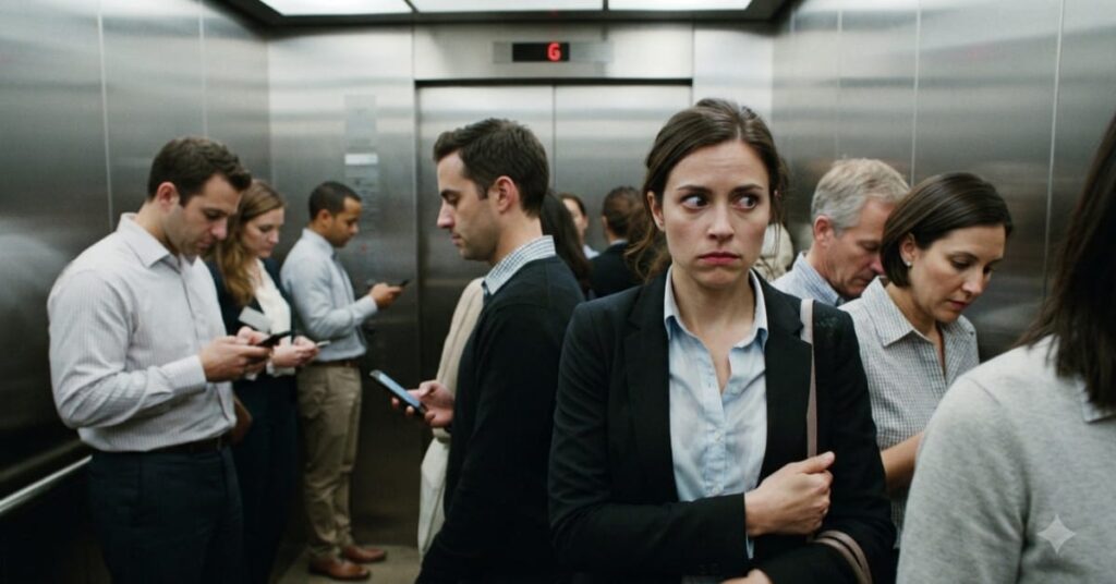 A woman worried about body odor while standing in a crowded elevator