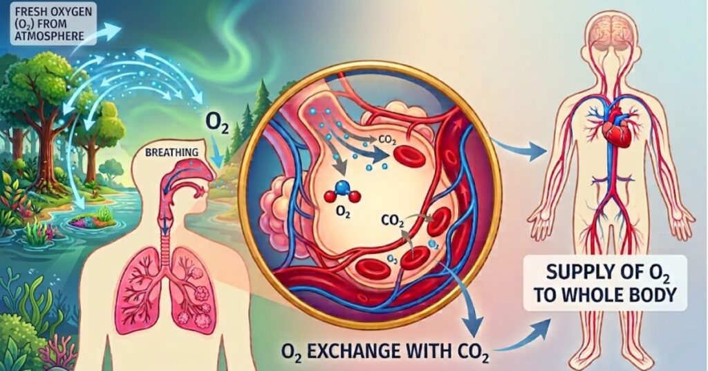 A diagram showing breathing and oxygen circulation