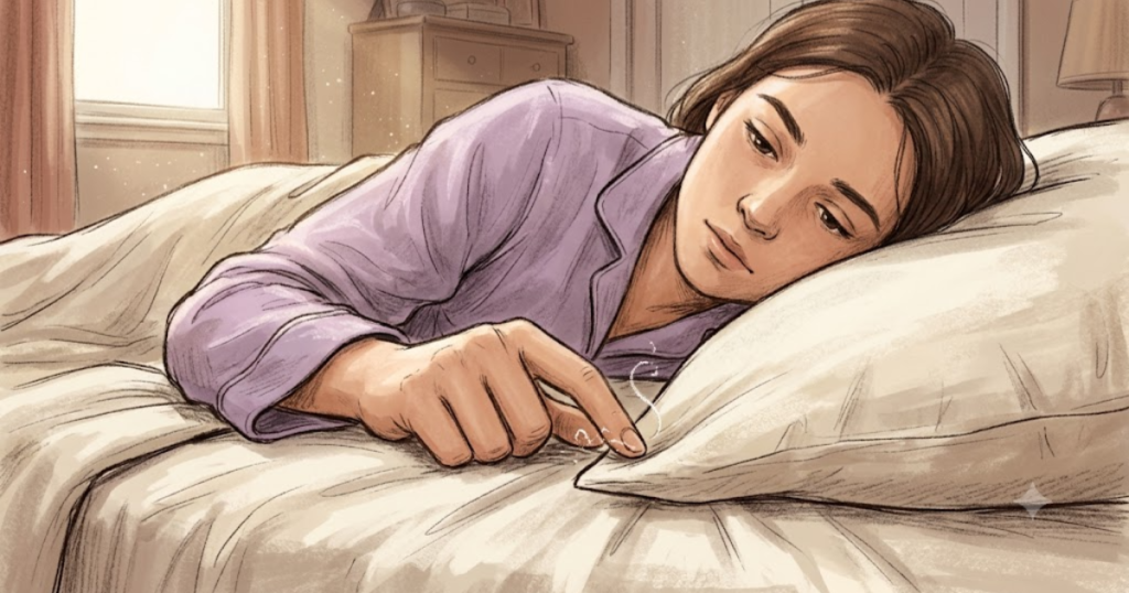 A girl tracing the crease of the pillow