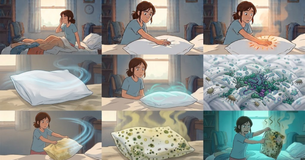A pillow revealing what happens if you do not wash it
