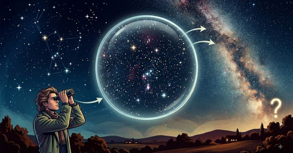A man looking through binoculars at the starry night sky