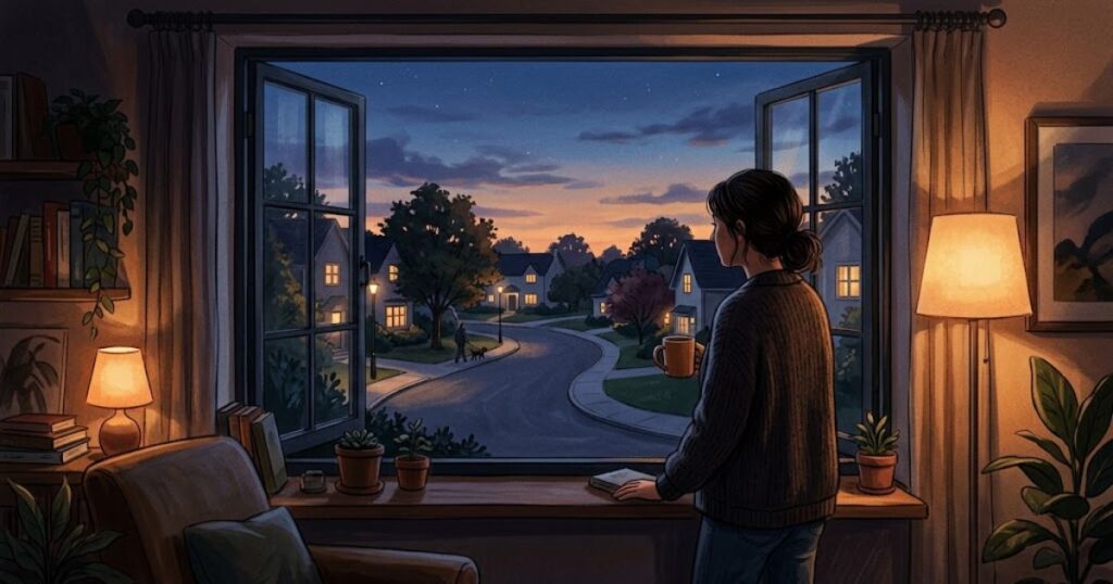 A person gazing out an evening window