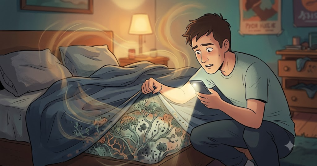 A person inspecting a sheet with a phone flashlight
