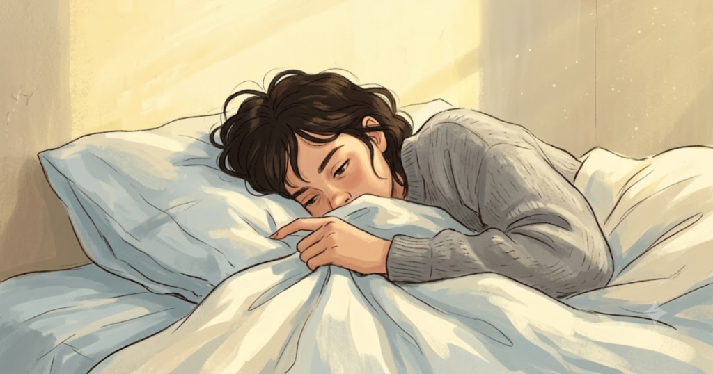A girl half asleep in sheets under warm sunlight