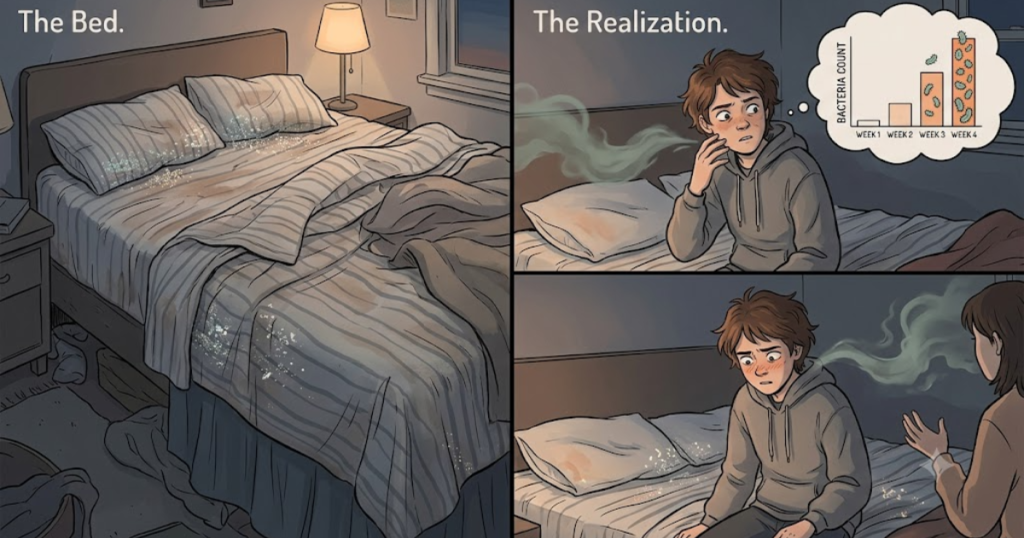 Anxious realisation of unwashed bed bacteria when your friend visits you