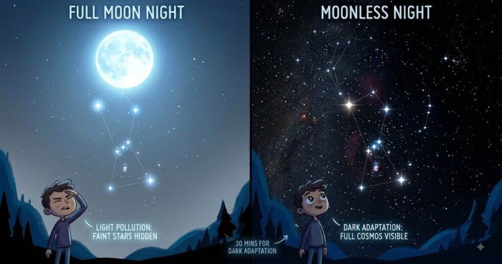 Comparison of night sky viewing in different moonlight conditions