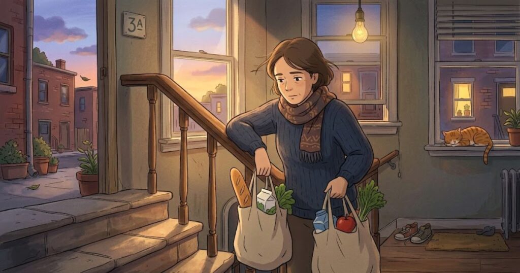 Exhausted girl pauses on the stairs with groceries