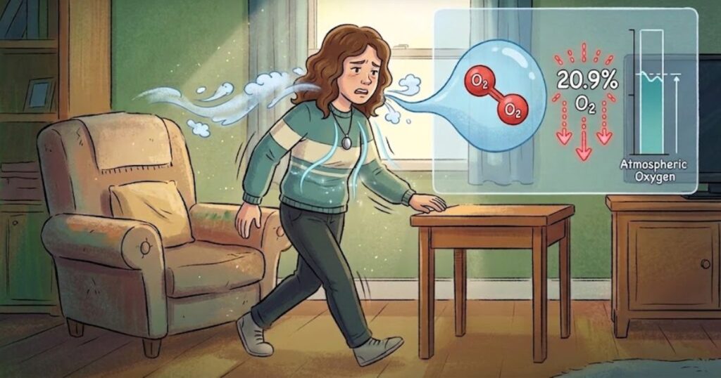A girl breathing heavily as atmospheric oxygen starts to disappear