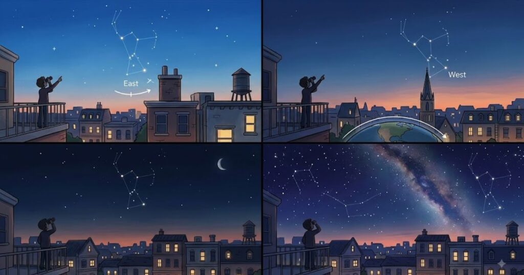Orion constellation shifts against the cityscape at night