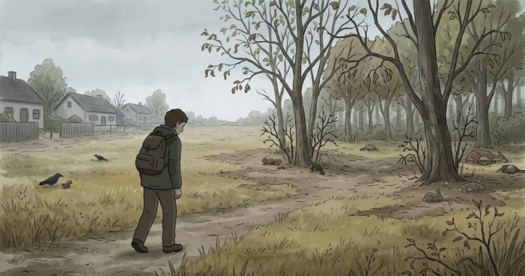 Oxygen-depleted landscape with dying plants and fallen animals