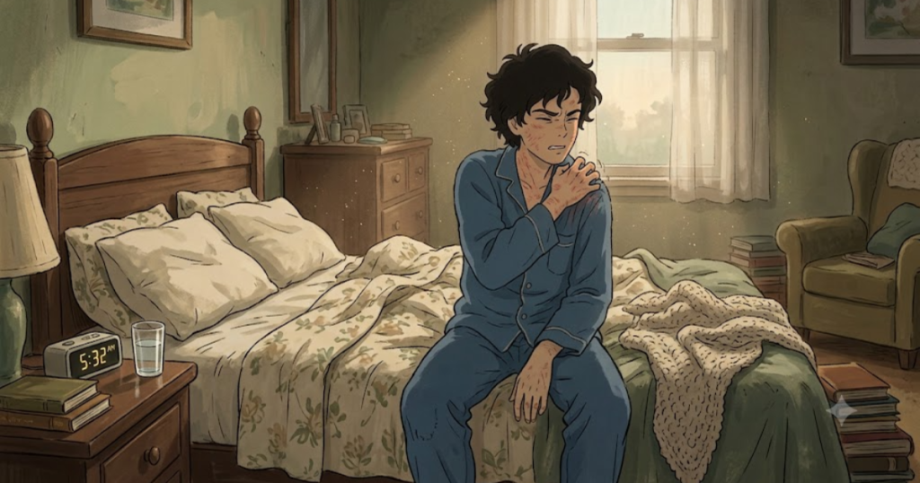 Scratching an irritated shoulder at dawn