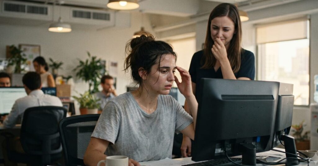 Body odor after a week without showering causes an awkward moment at work