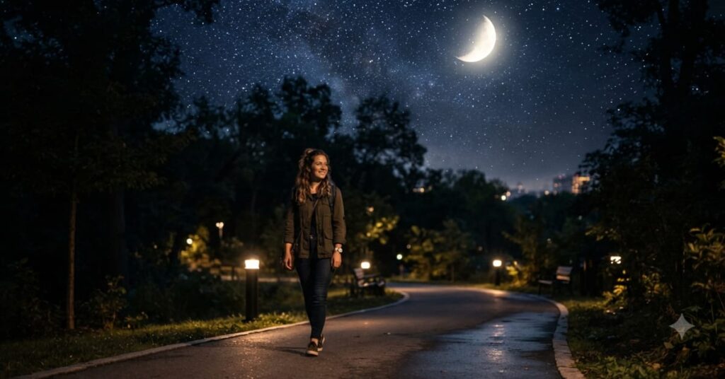 Person walking beneath a sky filled with shining stars and a bright moon
